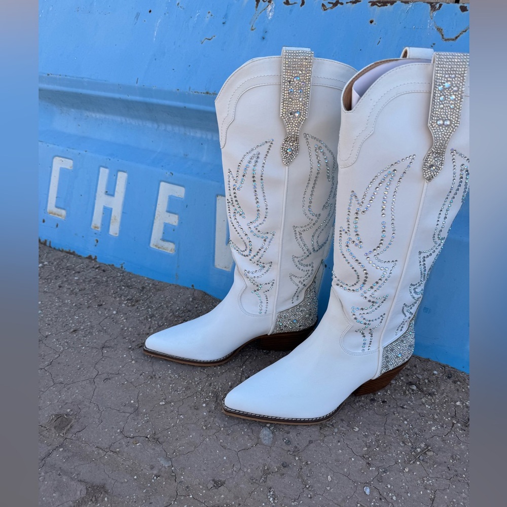 White Embellished Western Boots - Women